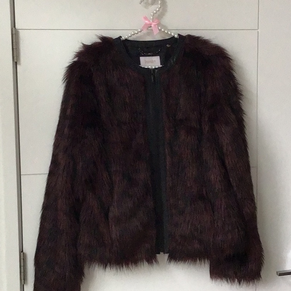 Faux fur, burgundy and black jacket, size large.